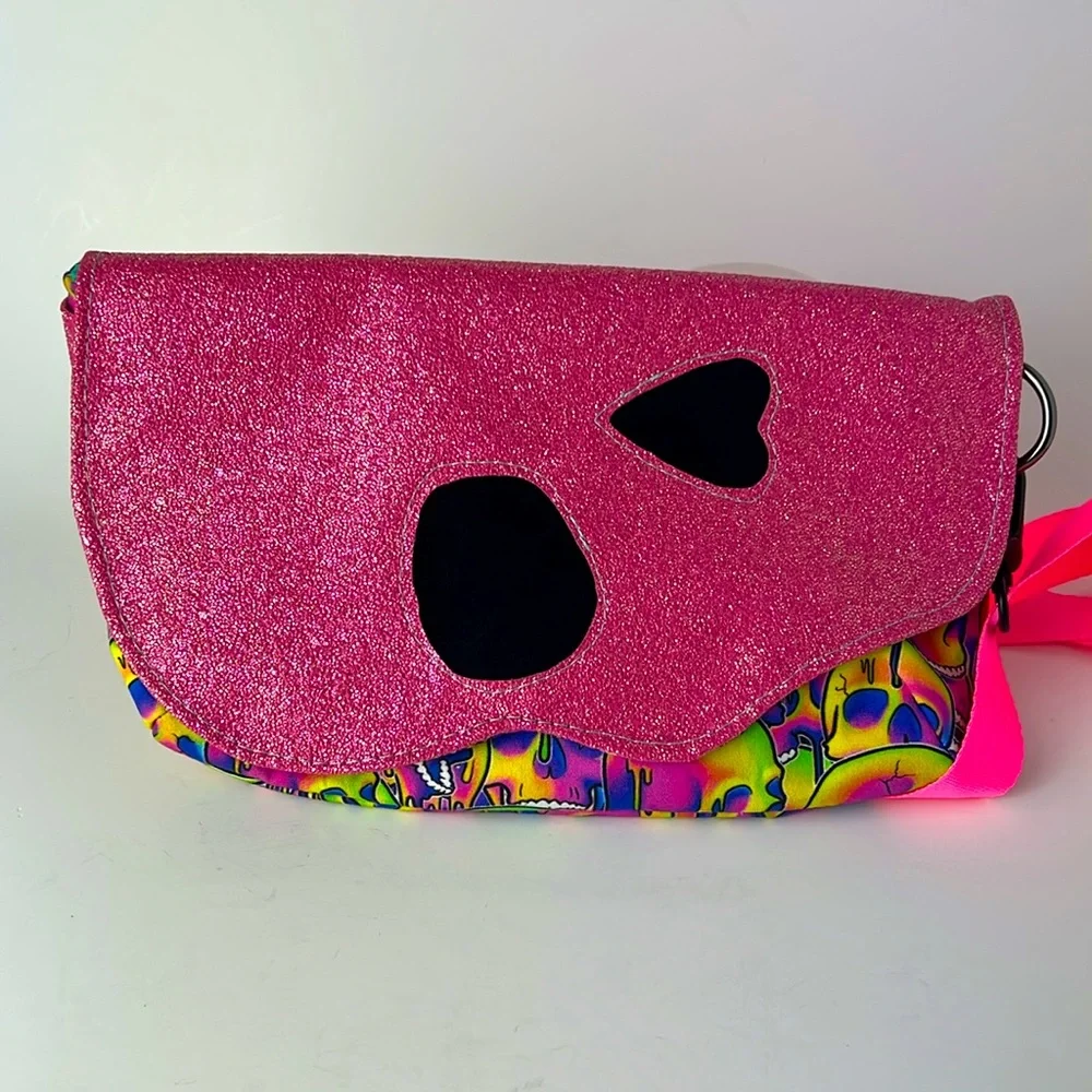 Skull Neon Pink Glitter Drippy Psychedelic Crossbody Bag with Strap - Picture 2 of 12